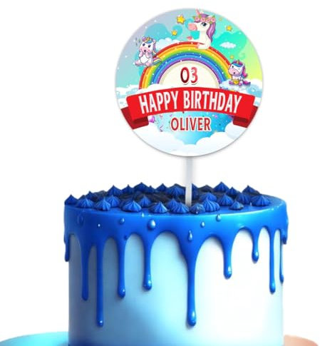 Craft Cart Name Age Personalised Customised Round Unicorn Theme Happy Birthday Acrylic Cake Topper Multicolored Rainbow Design Kids Decoration Idea