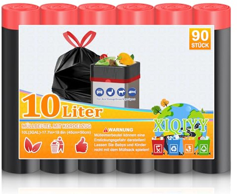 XIQIYY Müllbeutel 10L Mit Zugband Schwarz, Müllsäcke, 90 Stück | Blickdichtes Material, Auslaufsicher, Geruchsneutral, Ideal Für Eine Saubere Entsorgung Und Den Täglichen Gebrauch