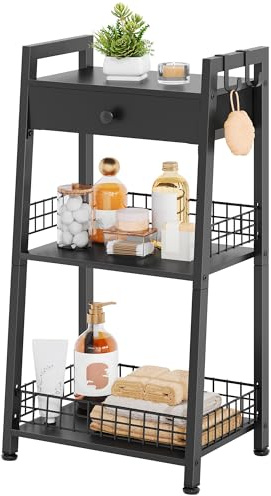 Gewudraw Ladder Shelf, 3-Tier Bathroom Storage with Drawer, Hooks, Black | Bathroom Table Stand for Small Spaces, Bathroom Shelves Freestanding, Bookshelf for Bedroom, Kitchen, Home Office
