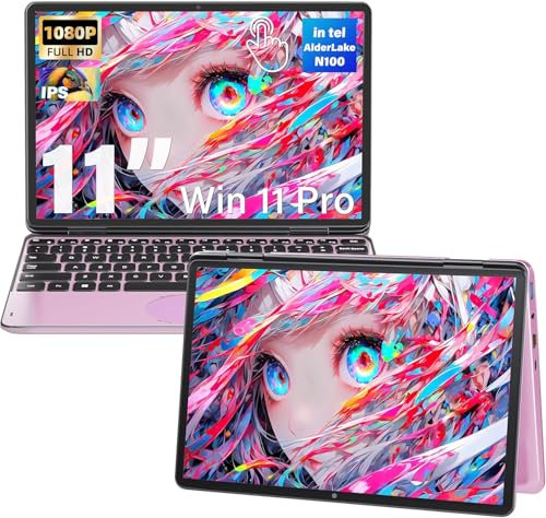Fsjun 11 Pink 2-in-1 Touchscreen Laptop - Celeron N100, 16GB RAM, FHD IPS, Backlit Keyboard, WiFi, Type-C, HDMI - Lightweight & Portable for Work, Study, and Entertainment