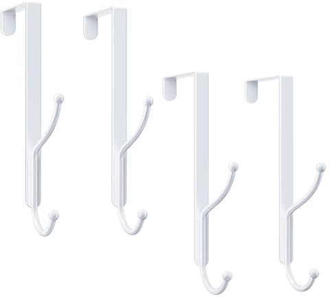 niffgaff Double Over Door Hook 4 Hooks Heavy Duty Metal Hanger for Coat Towel Bag Robe with Anti-Scratch Pads Fits Doors Up to 1-3/4 Inch Thick White 4-Pack