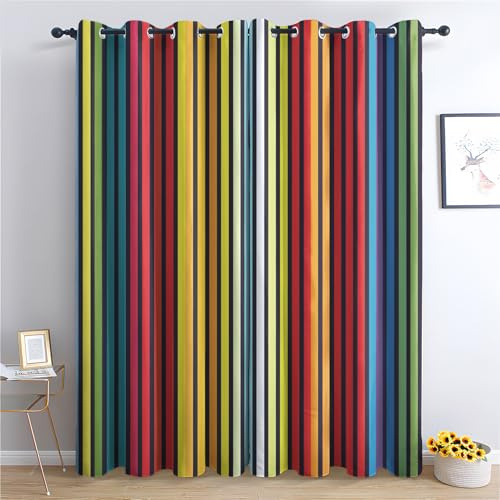 Colorful Striped Blackout Curtains for Living Room, Rainbow Vertical Striped Curtains for Bedroom, Thermal Insulated Noise Reduction Eyelet Window Treatments 54 Drop, 2 Panels Drapes (W42 x L54)