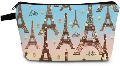 YULUENZE Gradient Color Eiffel Tower Makeup Bag Cute Small Organizer Bag with Zipper Floral Bicycle Eiffel Tower Cosmetic Bag Aesthetic Birthday Travel Present for Women Friends