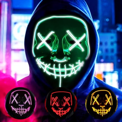 HATFRYF Halloween Masks, Horror LED Mask, Light Up Mask, Scary Masks with 3 Lighting Modes, Rave Face Masks Costume for Kids Men Women Halloween Christmas Carnival Festival Cosplay Party