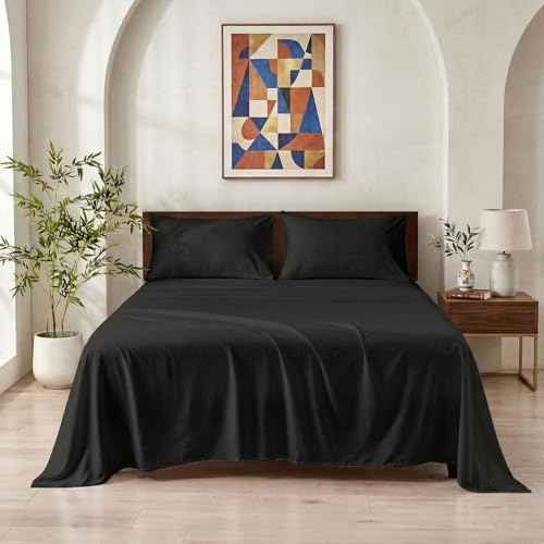 Meteorwi Home - Juego de Sábanas 3 Piezas 105x200cm - Microfibra Suave Transpirable - Sábana Bajera Ajustable, Sábana Encimera y 1 Funda de Almohada (Negro, Cama 105)