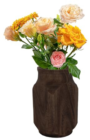 Flower Vase - Wood Vase for Flowers Decor | Large Round Brown Wooden Vasee Ornament | Japanese Style Rustic Tabletop Centerpiece | Farmhouse Home Decoration | Narrow Tall Handmade Indoor Floor Display