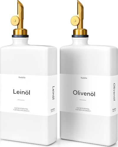 Raddile 2 Stück Ölflasche, Essig und Ölflaschen Set mit ausgießer, Olivenöl Flasche mit 40 Aufkleber, Trichter, 350ml Glas Ölspender für Kochen, Salat und Grillen (Weiß Flasche + Golden Pumpe, 350ml)