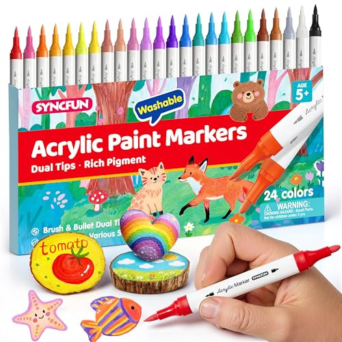 SYNCFUN 24 PCS Washable Acrylic Paint Markers, Dual Tip Brush Paint Pens for Rock Painting, Paper, Window, Fabric, Canvas, Wood, Glass, Mirror, Plastic, Ceramic, Art Supplies & DIY Crafts for Kids