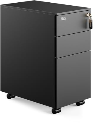 Yaasa File Cabinet Edged Kompakt Schwarz, Rollcontainer verschließbar, Büro | 80L Stauvolumen, Rollcontainer aus Stahl, Zentralschloss für 3 Laden mit zwei Schlüsseln, feststellbare Räder, Stifteeinsatz