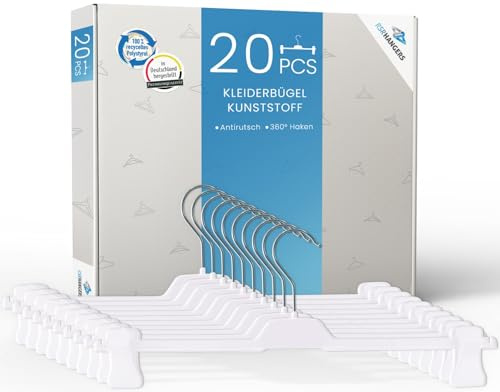 RSR-Hangers® Hosenbügel Weiß 20 Stück XL PUC Hosenspanner Kleiderbügel Kunststoff 42 cm | rutschfeste gummierte und verstellbare Klammern | 360° drehbarer Haken | platzsparend | Made in Germany