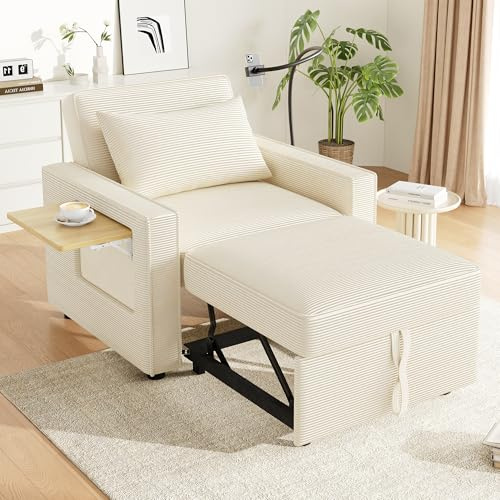 Merax Schlafsofa Klein, Multifunktionales 3-in-1 Klappsofa, klappsessel mit schlaffunktion, ausziehbarer Schlafcouch mit USB-Anschlüssen und Handyhalter, für Wohnzimmer/Schlafzimmer, Cord Stoff, Beige