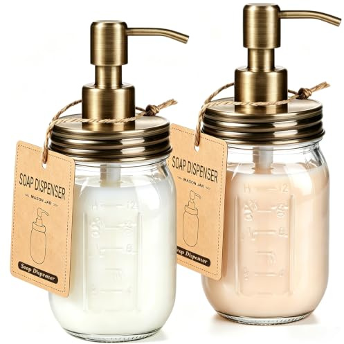 Amolliar Mason Jar Liquid Soap Dispenser, Lotion Dispenser, Brass 2 Pack | 16OZ Glass Soap Dispenser, Stainless Steel Soap Pump Lid, Bathroom Decor, Refillable Hand Soap Dish Soap Dispenser Countertop