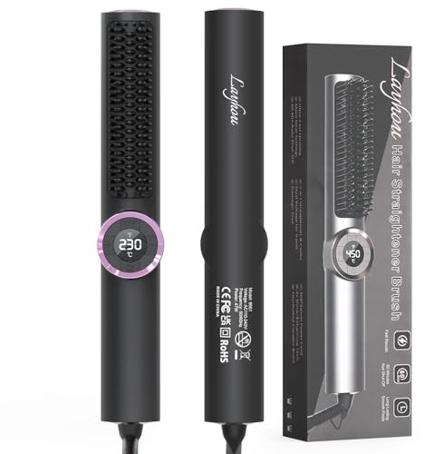 Layhou Cepillo Alisador Pelo, Cepillo Iónico de Cerámica Antiescaldaduras con Pantalla LED, Calentamiento Rápido PTC, 15 Ajustes de Temperatura (80℃-230℃), Conmutable en ℃ y ℉, Voltaje Dual