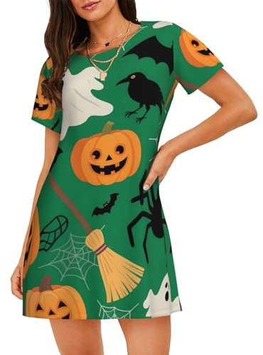 Zelinge Tecknad Halloween Elements Grön Bekväm Nattklänning för Kvinnor Nattskjorta Sovskjortor Mjuka Nattkläder Medium
