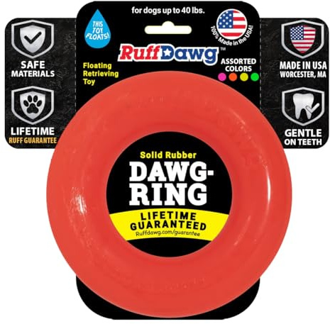 Ruff Dawg Indestructible Dawg-Ring Medium 6” 1pc Color Varies – Heavy-Duty Solid Rubber Tug & Fetch Toy for Dogs Up to 40 lbs – Floats & Bounces – Made in USA