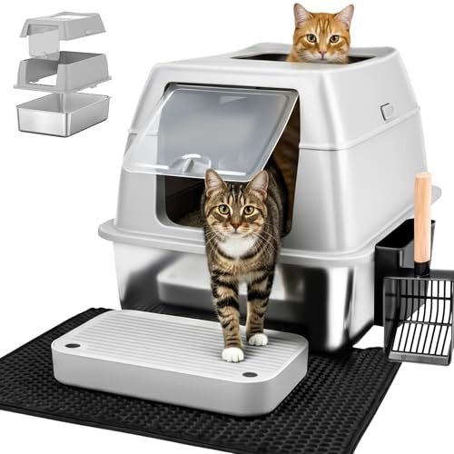 Bac à litière XXL pour Chat en Acier Inoxydable avec Couvercle – Maison de Toilette fermée à Double entrée avec Marche, Pelle et Tapis, Facile à Nettoyer, Anti-Odeur, pour Grands Chats - Gris