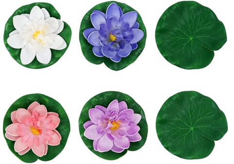 LuckyOpt 6 Pcs Lotus Flower Lotus Leaves Set, Artificial Floating Foam Water Lilies Pond Plants, Realistic Floating Pond Plants Lily Pads for Ponds Aquarium and Pools Decoration (A)
