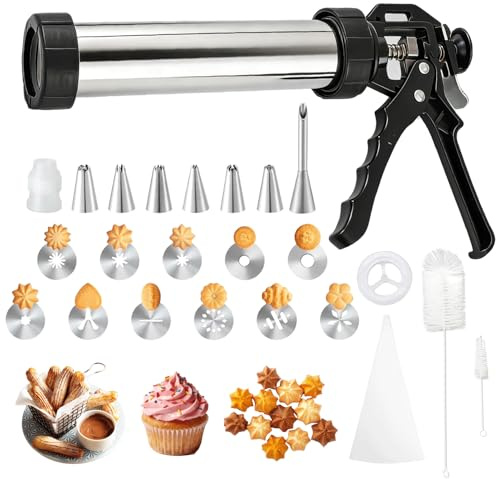 Churro Maker Gebäckpresse Edelstahl Churrro Gun Kit Spritzgebäck Maschine mit 4 Churro-Scheiben, 5 Keks-Discs, 6 Spritztüllen & Spritzbeutel – Für Churros, Spritzgebäck & Desserts