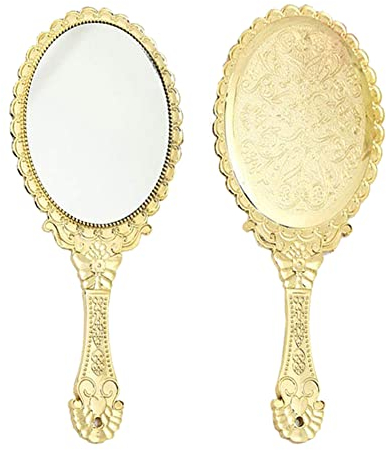 KABAKE Espejo de mano, espejo de mano con asa, pequeño paquete de viaje, espejos compactos, espejos decorativos vintage para maquillaje para niñas y mujeres, dorado