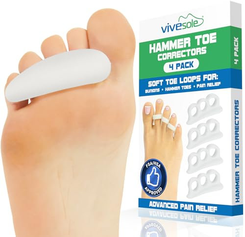 Vive Hammer Toe Straightener 3 Loop (4 PK) Corrector Cushion for Women, Men - Bunion Foot Relief - Feet Alignment for Curled Claw Crooked and Mallet Toes (White)