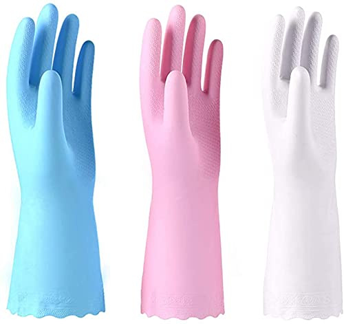 3 Pack Reusable Cleaning Gloves Latex Free - Dishwashing Gloves with Cotton Flock Liner and Embossed Palm - Waterproof Household Gloves for Laundry, Gardening (Small (Pack of 3))