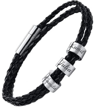 FLHEART Personalisierte Namen Perlen Armbänder - Benutzerdefinierte Familiennamen Perlen Armband, Geflochtene Dreifach Wickel Lederarmbänder Initiale Bead Charm Armreif für Herren Damen Papa Mama