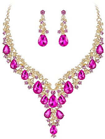 Clearine Juegos de Joyas de Mujer Boda Nupcial Joyería Conjunto Lágrima Strass Racimo Declaración Collar Pendientes Colgantes Bisutería,Color Violeta-Rojo Oro-Tono