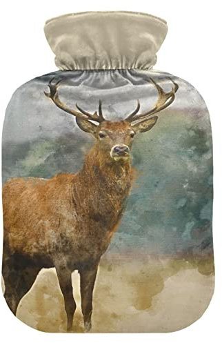 YOUJUNER Wärmflasche mit Vintage Tier Hirsch Bezug, Groß 1 Liter Heißwasserbeutel Heißwasserbeutel Bettflasche