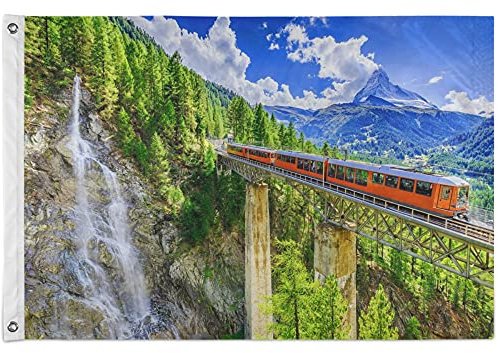Schweiz Zug Wasserfallbrücke Matterhorn Flagge 3x5 Ft Banner doppelseitig Bedruckt 90x150cm mit Messingösen für den Außenbereich Hausgarten Hof Hausflagge