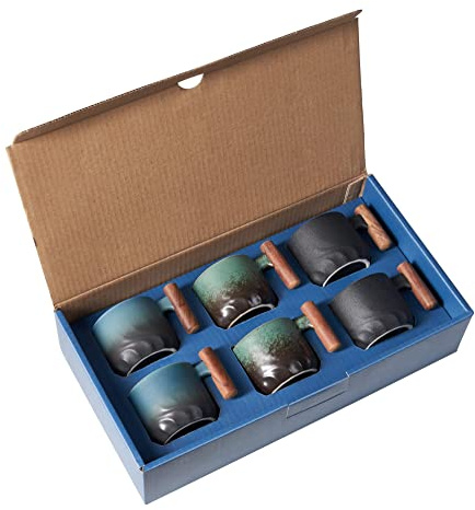 BlogBlog Tasses à expresso en céramique avec poignée en bois - Tasses à expresso en céramique - Tasses à thé en porcelaine pour café ou thé - 85 g (mixtes, 6 pièces avec coffret cadeau-C)