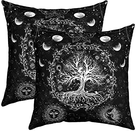 Loussiesd Sonne Moon Tree Kissenbezüge 50x50cm 2er Set Kissenbezüge Weich Galaxie Starry Boho Kissenbezug Kissenhülle Sofakissen Astrologie Raum Dekorative Sofakissen Couchkissen für Auto Stuhl