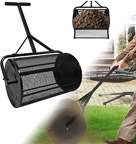 LZQ Épandeur de compost 65 cm - Épandeur de mousse de tourbe - Panier en métal tressé avec poignée améliorée en forme de T et fermetures latérales pour pelouse, jardin