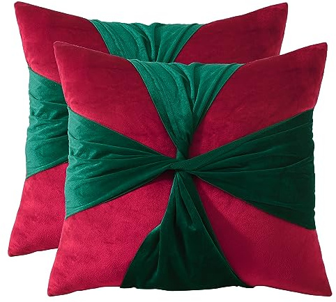 Tosleo Christmas Throw Pillow Cover 18 x 18 inch Set of 2 Red with Green Belt Velvet Pillow case Xmas Party Decorations Pillowcase Winter Holiday Cushion Case