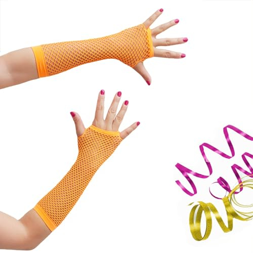 Oblique Unique® Netzhandschuhe lang Neon Orange Accessoire für Fasching Karneval Motto Party - Einheitsgröße