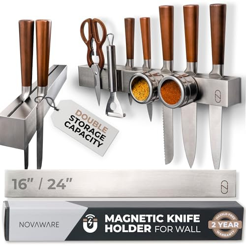 24 Magnetic Knife Holder for Wall with 2x Storage - Safe, Patented Design - Stainless Steel Knife Magnetic Strip, Under Cabinet Knives Storage - Magnet Strip Rack Kitchen Utensil Organizer