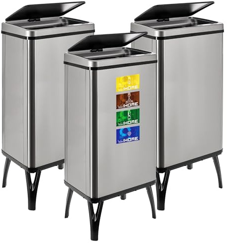 WELL HOME MOBILIARIO & DECORACIÓN 3 Cubos de basura inteligente de 50L c/u, Alto: 83,5 (x35,5x26), gris con etiquetas magnéticas