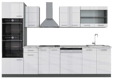 Vicco Küchenzeile R-Line, Weiß Hochglanz, 300 cm | 8 Module · Höhenverstellbare Füße · AP Marmor inkl. · Robuste Fronten · Mit Backofen-/Mikrowellenschrank