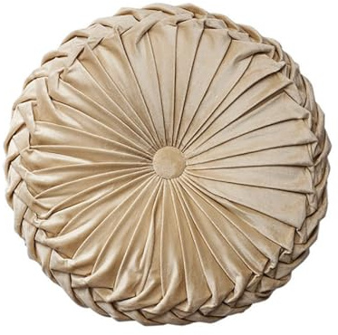 Fylldso Round Pumpkin Cushion, Handcrafted Velvet Filled Throw Pillow, Pleated Decorative Cushion for Sofa, Bed, Chair, Floor, Car (Beige)