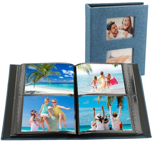 Album Photo 10x15, 200 Photos Album Photo Pochette, Album Photo Grand Format, Couverture en Lin Naturel Album Photo, Album Photos, pour Famille, Mariage, Voyage(Bleu)