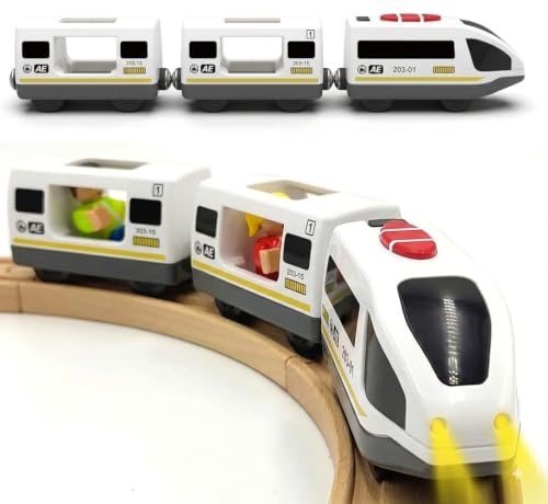 TOPLIVING Batteriebetriebenes Eisenbahnschienenset aus Holz, Spielzeug, hohe Geschwindigkeit, für Kleinkinder im Alter von 3 4 5 Jahren, Jungen, Kinder, Magnetkupplungen, Stadtfahrzeug mit Figuren