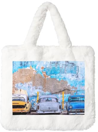 ESNAIUVCD Old Car Dilapidated Wall Print Plush Handbag Crossbody Bag Ladies Fluffy Shoulder Bag Tote Handbags Furry Purse Fluffy Tote Bag Shopper Bag, weiß, Einheitsgröße
