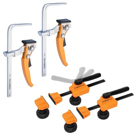 POWERTEC 72242 Bankhaken-Zwingen-Set mit Schnellspann-Ratschenzwingen für 19 mm Bankhakenlöcher und MFT-/Führungsschienensystem