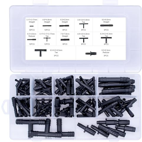 NVGFTG 113 Pezzi T-Connector Hose Connector Set, 12 Dimensioni T Hose Connector Assortimento Car, Kit di collegamento per irrigazione per tubi, Tubo a goccia, Nero