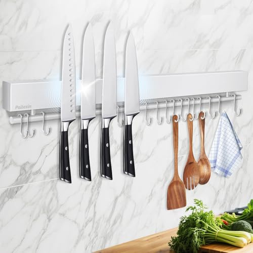23 Inch Magnetic Knife Holder for Wall - Stainless Steel Magnet Knife Strip No Drill with 15 Hooks/Adhesive Tape/Screws, Kitchen Utensil Holder, Wall Mounted Storage & Organizer