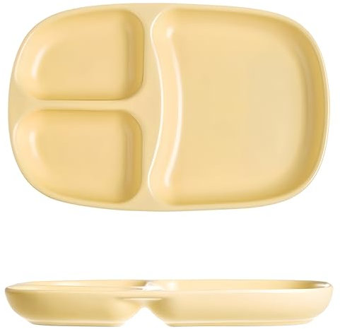 CompadreBol Piatto Rettangolare in Ceramica - 24.7cm/9.72in Giallo con motivo sorridente, ideale per bambini, studenti, fitness e controllo del peso. Adatto forno, microonde e lavastoviglie