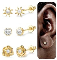 jagosen Ohrstecker Silber Gold Damen 3 Paar Kleine Ohrringe Schmuck | Versilbert Ohrstecker mit Zirkonia,Sonne,Rose,Hypoallergene Ohrringe Set für Mehrere Piercings