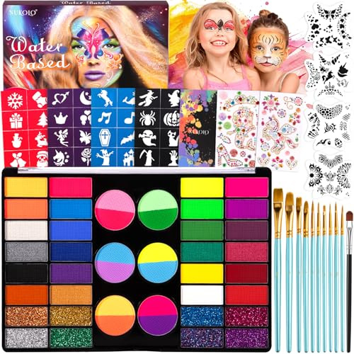 MKAKYES Peinture Corporelle pour Le Visage, Palette de Maquillage Enfants, 44 Couleurs Peinture Visage avec 11 Pinceaux, 36 Pochoirs, 2 Diamant Autocollant, Face Paint pour Halloween, Noël, Carnaval
