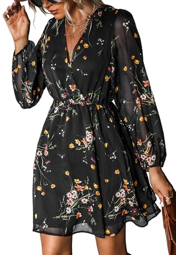 Cupshe, vestito da donna mini, casual, primaverile, con scollo a V, in chiffon, maniche lunghe alla contadina, vestito ampio primaverile, Nero/Giallo, L