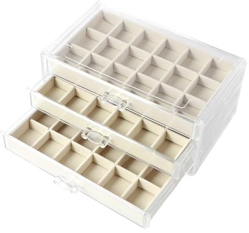 Ohrring Aufbewahrung 3 Schicht Aufbewahrungsbox Mit 54 Fächern, Dekel, Transparent Staubdicht, Rock Vitrine Weich, Rock Sammelbox Edelsteine Aufbewahrungsbox Für Steine, Kristall, Ohrringe (Beige)