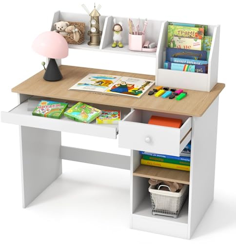 GOPLUS Kinderschreibtisch, Kinder Schreibtisch mit Bücherregal, Schublade & 4 offenen Ablagen, Kindertisch mit Tastaturablage, Jugendschreibtisch mit Kippschutz, Schreibtisch für ab 3 Jahren (Natur)